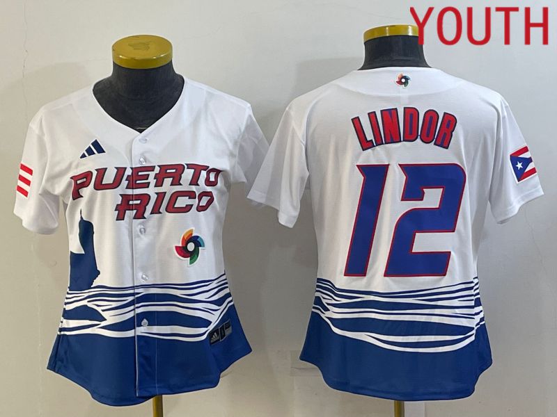 Youth 2023 World Cub Puerto Rico #12 Lindor White MLB Jersey2->youth mlb jersey->Youth Jersey